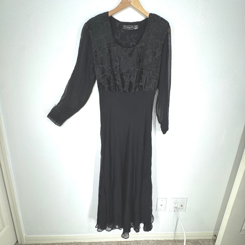 Vintage Burnout Velvet Floral‎ Chiffon Maxi Dress Sheer Medium Stevie Nicks Goth
